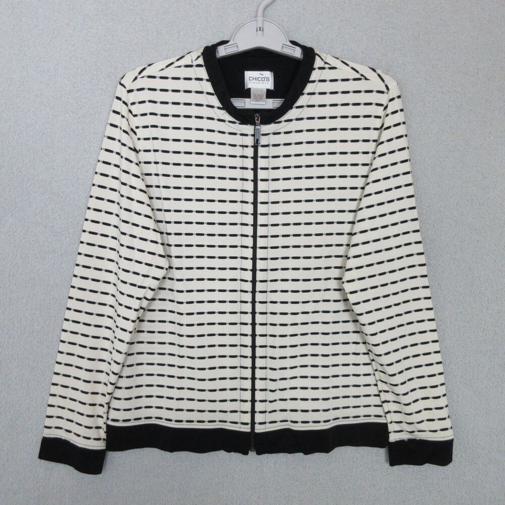 Chicos Travelers Cardigan Womens 1 (M/8) Ivory Black Zip Front Striped Knit